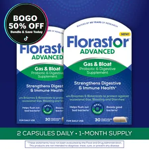 Florastor Advanced Gas & Bloat Probiotic Supplement for Adults - Vegetarian Capsules with Enzymes & Botanicals for Digestive & Immune Healthcare Support