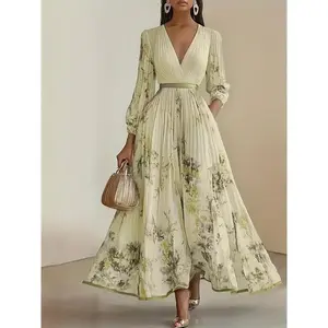 Elegant Olive Green V-Neck A-Line Formal Maxi Dress with Floral Lace Appliqué, Ruffled Bodice & Slit Hem - Machine Washable Women's Wedding, Party &  Wedding DressesVneck Design, Pleated Skirt Style Fabric Beige Peplum