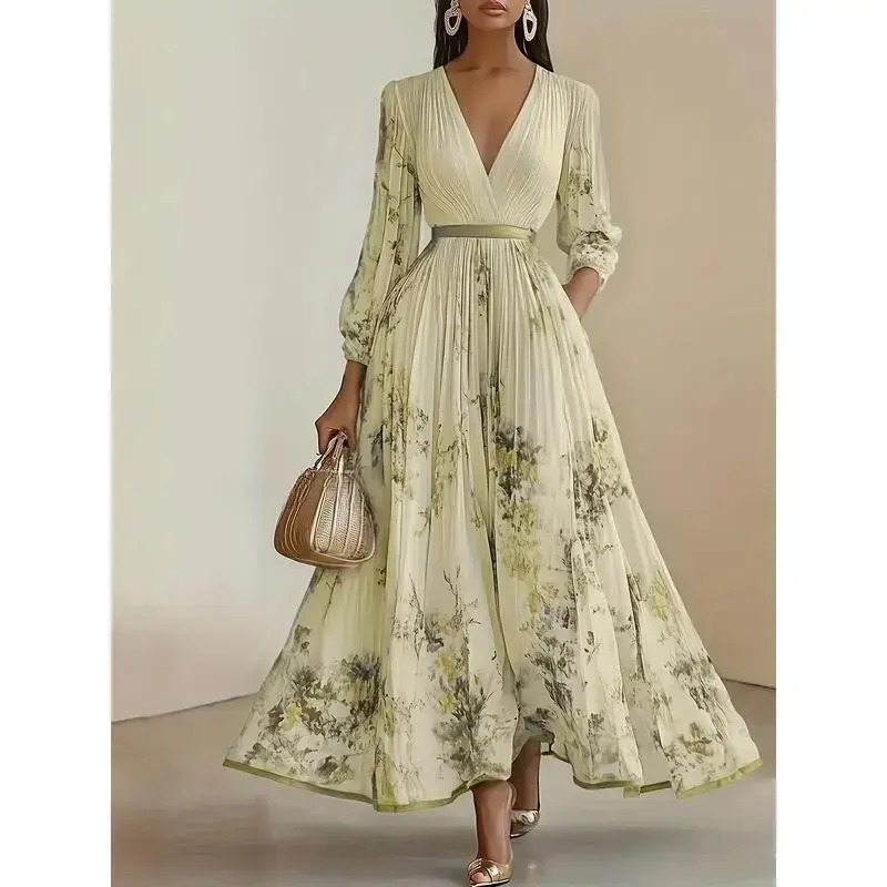 Elegant Olive Green V-Neck A-Line Formal Maxi Dress with Floral Lace Appliqué, Ruffled Bodice & Slit Hem - Machine Washable Women's Wedding, Party &  Wedding DressesVneck Design, Pleated Skirt Style Fabric Beige Peplum