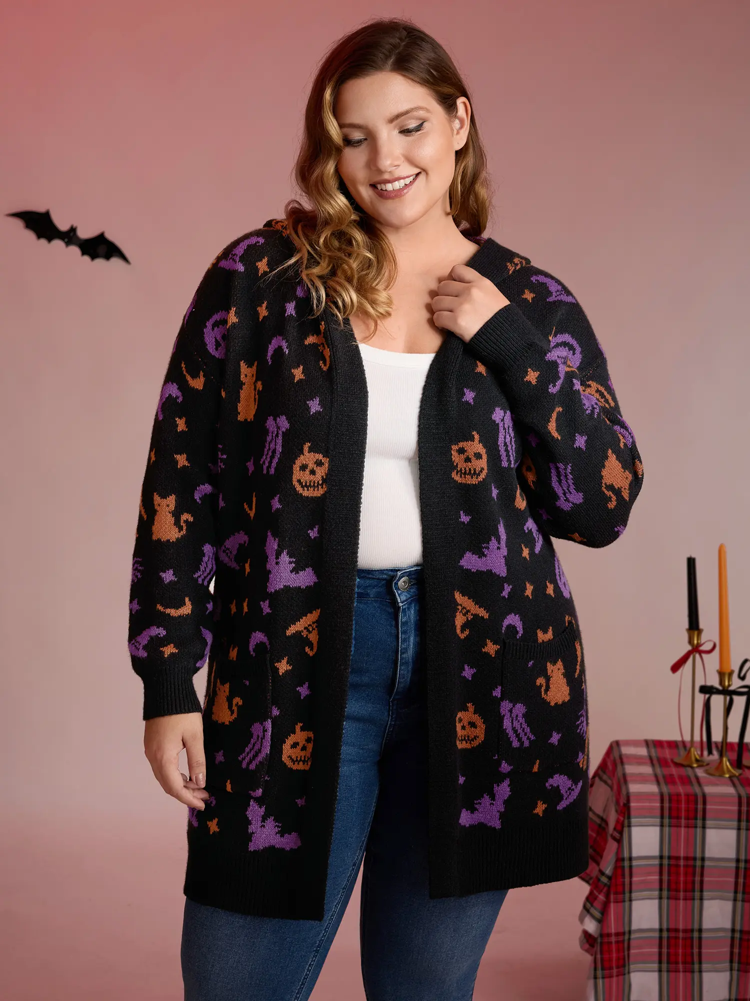 BloomChic Women's Plus Size Longsleeves Hooded Halloween Cardigan - Oversized Pumpkin Print Soft Knit Open-Front Top with Pockets, Long Sleeve, Knitwear, Lady