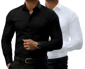 Set of 2 men’s non-stretch slim-fit long-sleeve shirts; casual button-front dress shirts suitable for semi-formal and business-casual occasions; men’s formal inner layer; solid-color pointed-collar button-front long-sleeve shirts; menswear