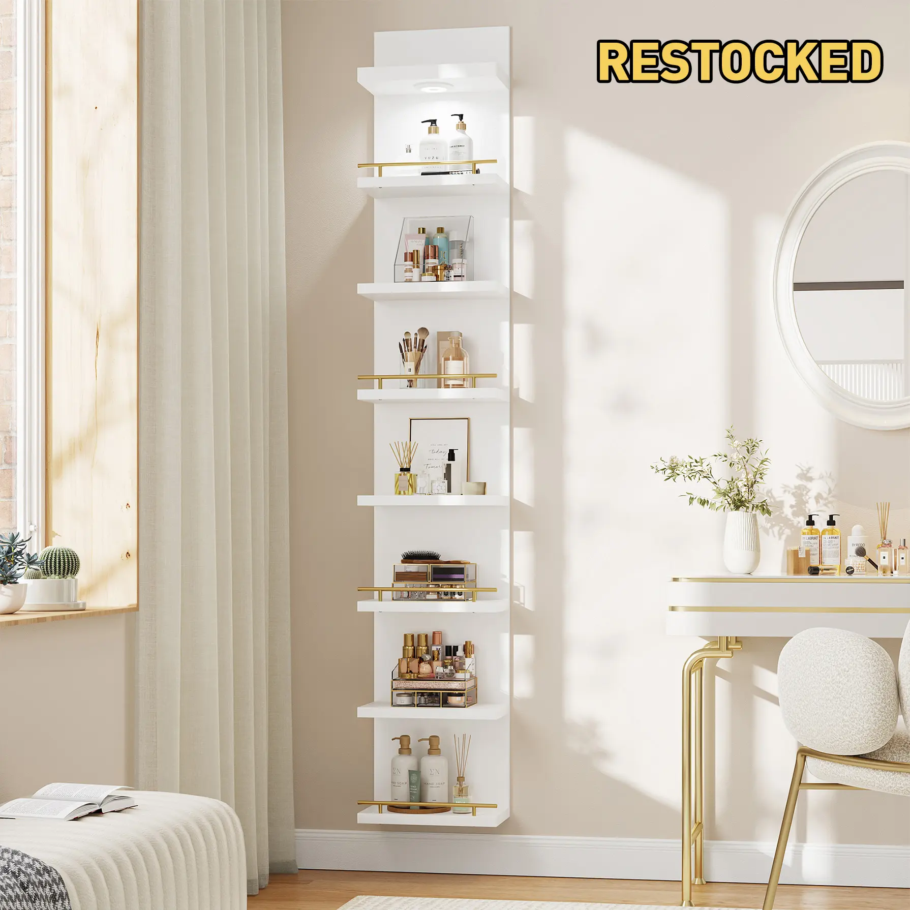 Raybee Furniture 6/8-Tier Minimalist Floating Wall Shelf, Vertical White LED-Display Shelf LACK-Style Shelves, Bookcase, Vanity Shelf, Decor Shelf with Remote Control Adjustable Light for Bedroom, Living Room, Office, Accent Room, Home Storage Organizer #