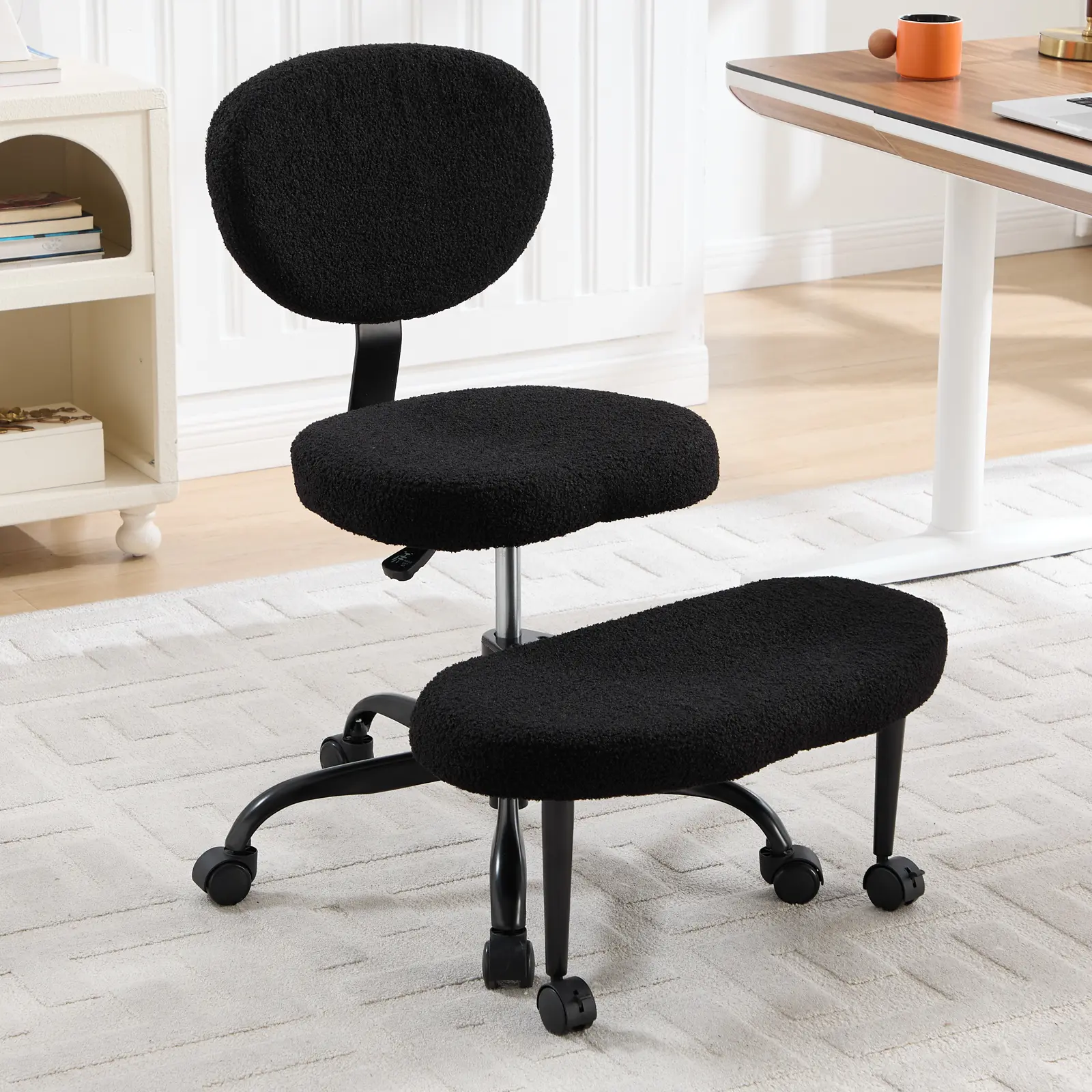 [memorialday] EBELLO Ergonomic Cross Legged Chair, 360° Swivel Meditation Chair with Wheels, Height Adjustable Seat for ADHD, Teddy Fabric, Strong Lumbar Support, Chic Home Office Furniture, Cheap Furniture