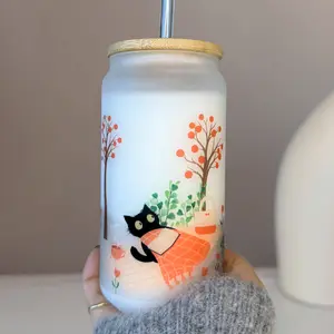 Black Cat Frosted Glass Can Tumbler | Book Lover Cat Cup | Spring Tulip Cat Glass | Cute Cat Iced Coffee Cup | Gift for Cat Lover