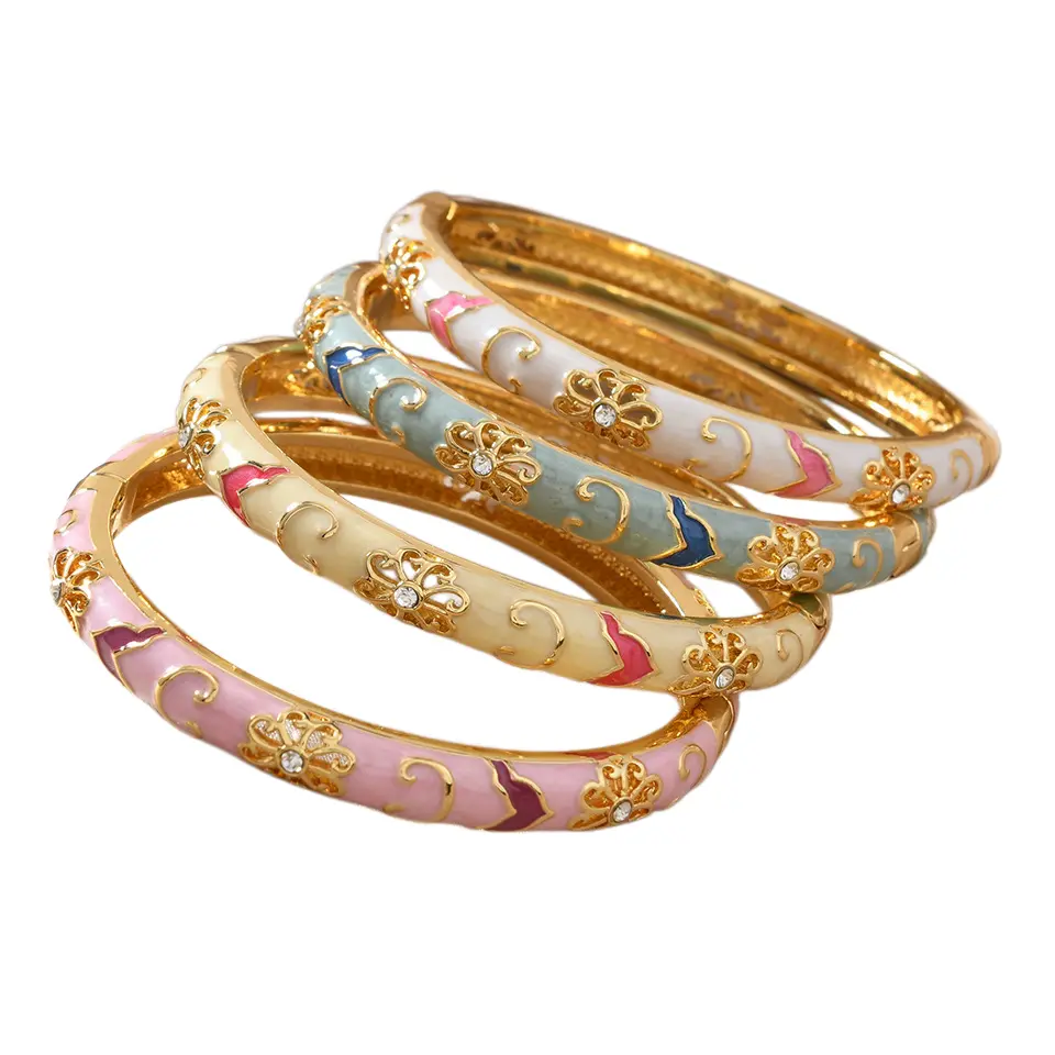 Women's Vintage Floral Enamel Bangle - Gold-Tone Cubic Zirconia Bracelet, CZ Sparkle Glow Jewelry Stack Accessory, Ideal for Party & Daily Wear, Women's Gifts, Womens Gifts, Accessories For Women