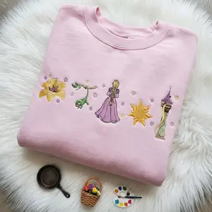 Long Hair Princess Embroidered Sweatshirt, Fairy Tale Princess Floral Shirt, Lost Princess Graphic Tee, Fantasy Princess Crewneck, Theme Park Trip Outfit