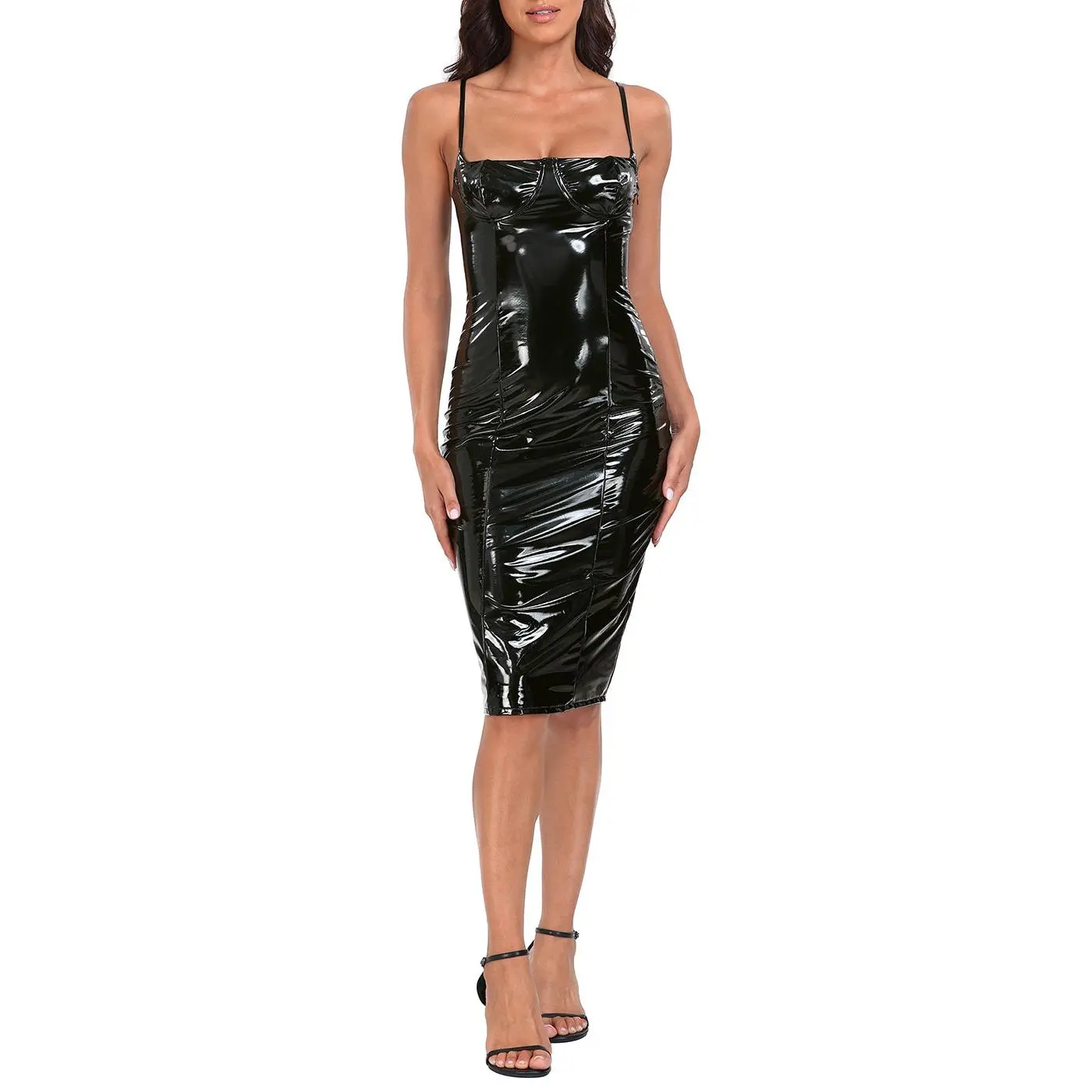 HDE Women's Elegant Formal Bodycon Midi Dress - Sleeveless Shiny Latex Faux Leather Fabric, Underwire Balconette Bust, Zipper Closure, Bodycon Side Split, Adjustable Straps, No Extra Bulk, All Seasons Cocktail Sport Dress