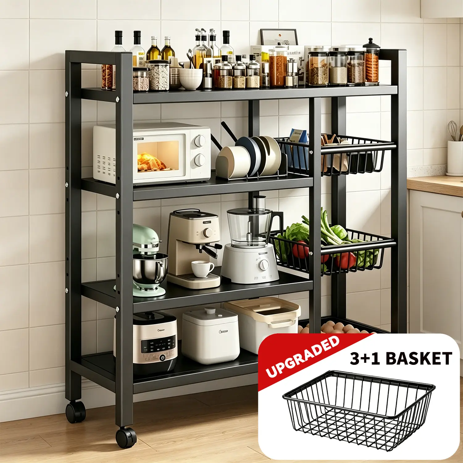 Vegetable Storage Rack 、Tool storage rack – Metal construction featuring adjustable shelves and storage baskets; suitable for laundry rooms, bathrooms, kitchens, and pantries
