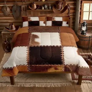 Cowhide Bedding Sets, Patchwork Cow Fur Print Comforter,(Not Real Fur)Farm Animal Comforter Set, Western Cowboy Farmhouse Down Comforter