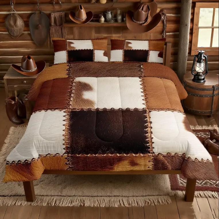 Feelyou Comfy Lightweight Microfiber Bedding Set - Non-Fur Patchwork Cowhide Print Bed Comforter, Western Cowboy Theme Farmhouse Duvet Set, Soft Farm Animal Decor Textile Furnishings, Comfy Bedding Set, Lightweight Duvet Set