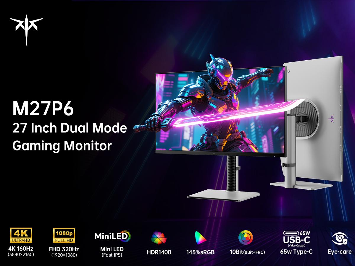 KTC 27'' 4K Mini LED 320Hz Gaming Monitor, UHD 3840x2160 Dual Mode (4K 160Hz/FHD 320Hz), HDR 1400, Fast IPS, Adaptive-Sync, Contrast 1000000:1, Type-C 65W, KVM, VESA, Tilt & Swivel & Height Adjustable, White, LOGO RGB Light, M27P6 KTC 27'' 4K Mini LED 320Hz Gaming Monitor, UHD 3840x2160 Dual Mode (4K 160Hz/FHD 320Hz), HDR 1400, Fast IPS, Adaptive-Sync, Contrast 1000000:1, Type-C 65W, KVM, VESA, Tilt & Swivel & Height Adjustable, White, LOGO RGB Light, M27P6