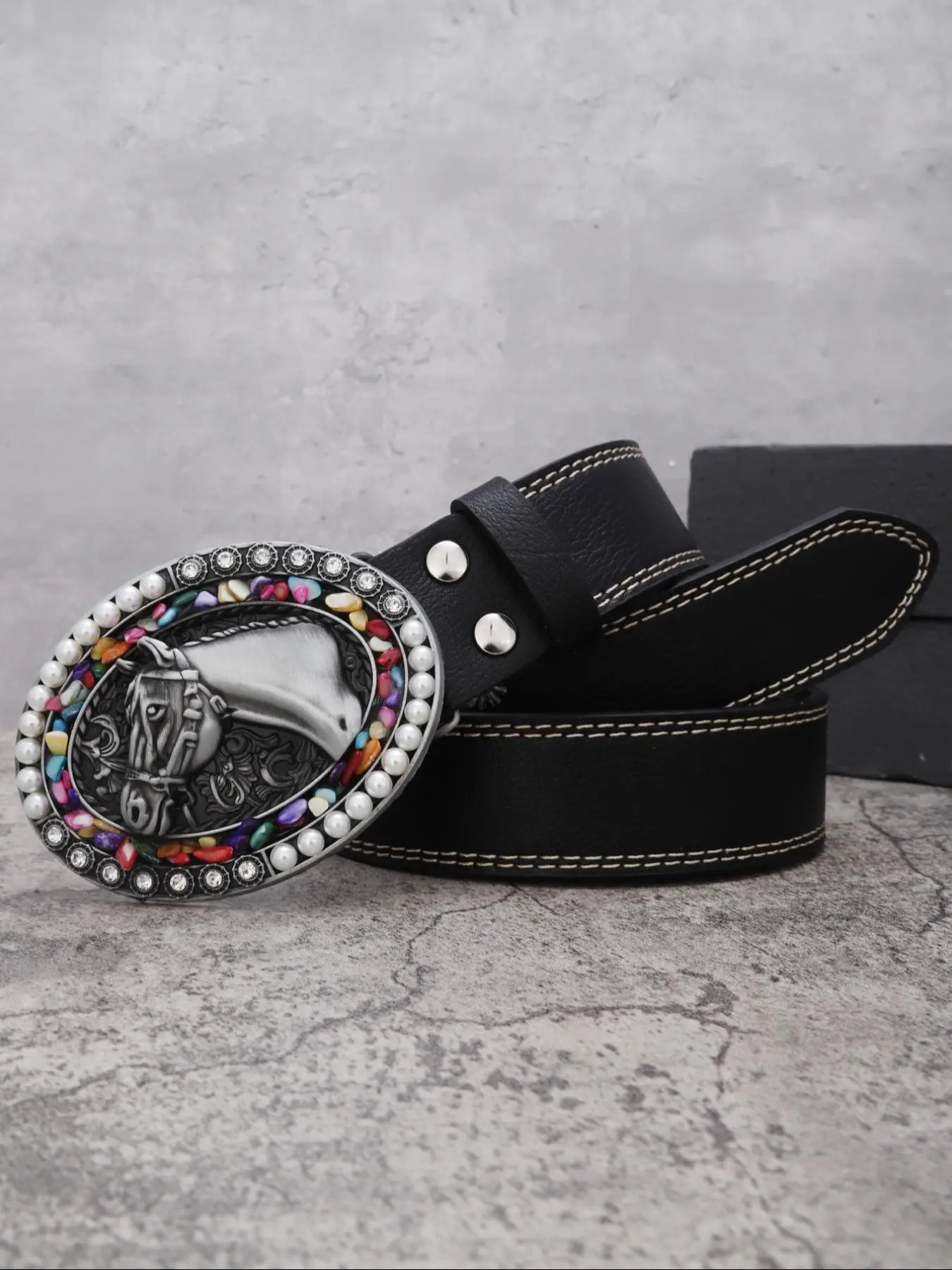 Women's Fashion Rhinestone Decorated Horse Head Buckle Belt, Y2k Style Faux Pearl Decor Belt for Party, Daily Clothing Decor, Trendy All-match & Exquisite Belt for Gift
