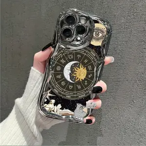 Zodiac Sun Moon Stars Union Painted Electroplated Cream Soft Protective Phone Case - Smartphone Cellphone Handheld Devices Accessory, Compatible with iPhone 16/15/14/13/12/11 Pro Max/Plus/X/8/7, Durable Stain-Resistant Birthday Gift
