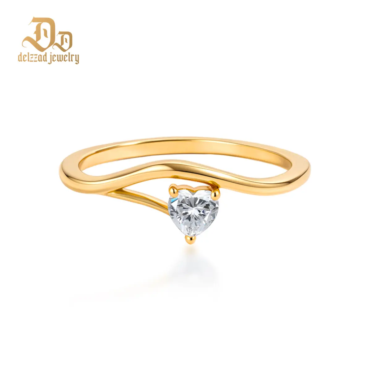 Delzzad 14K Gold-Plated 0.3ct The Gentle Love Engagement Ring Asymmetrical Heart Ring Band Solitaire Ring VVS Synthetic Moissanite Ring Jewelry Perfect Birthday Engagement Wedding Anniversary Christmas Valentine's Day Mother's Day Gift