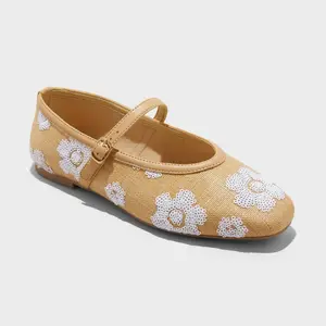 Women's Issa Raffia Floral Sequin Mary Jane Ballet Flat with Memory Foam Insole - A New Day Tan 10