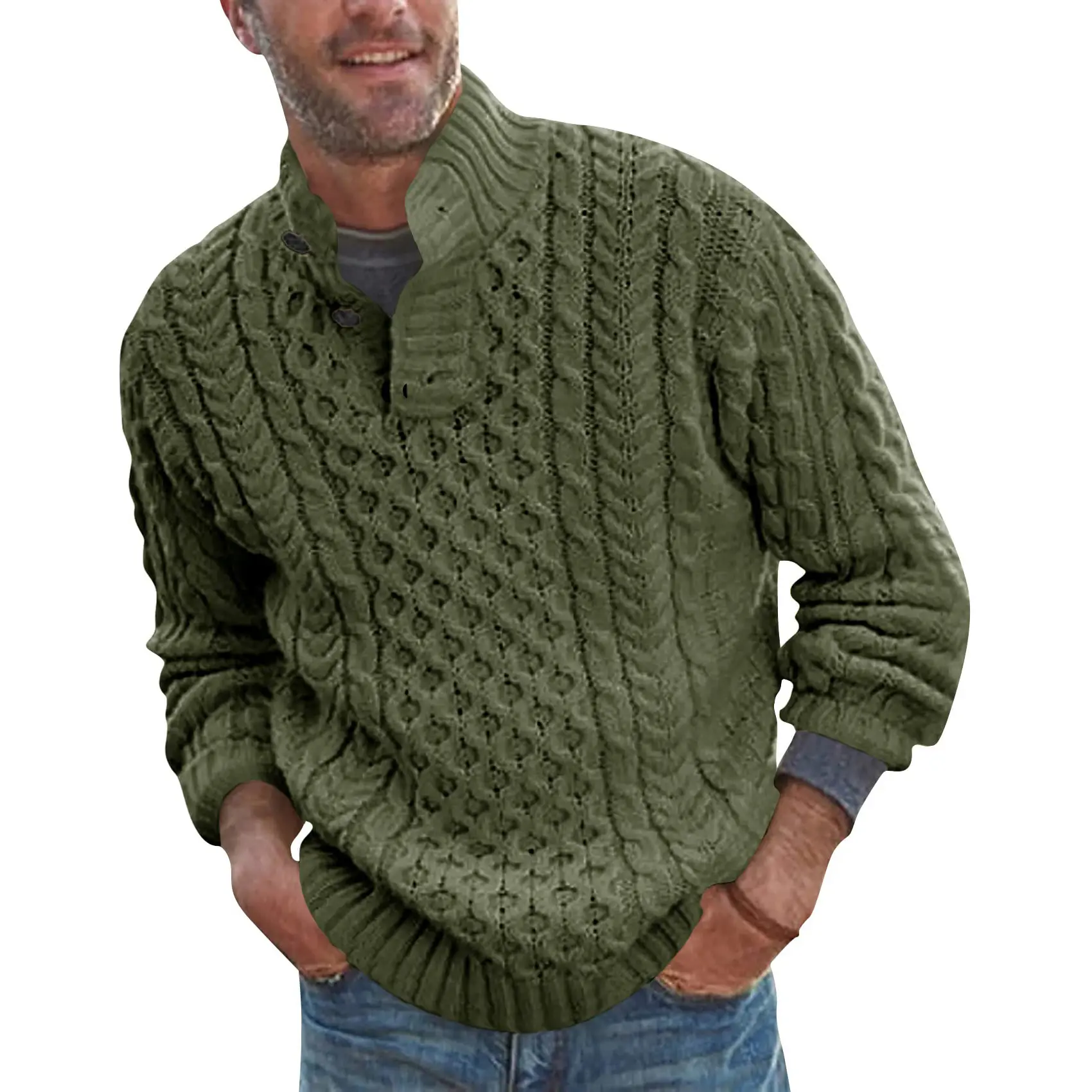 Runcati Men's Stand Collar Pullover Sweater Cable Knitted Chunky Winter Fashion Buttons Twisted Thermal Sweaters Long Sleeve Knitwear