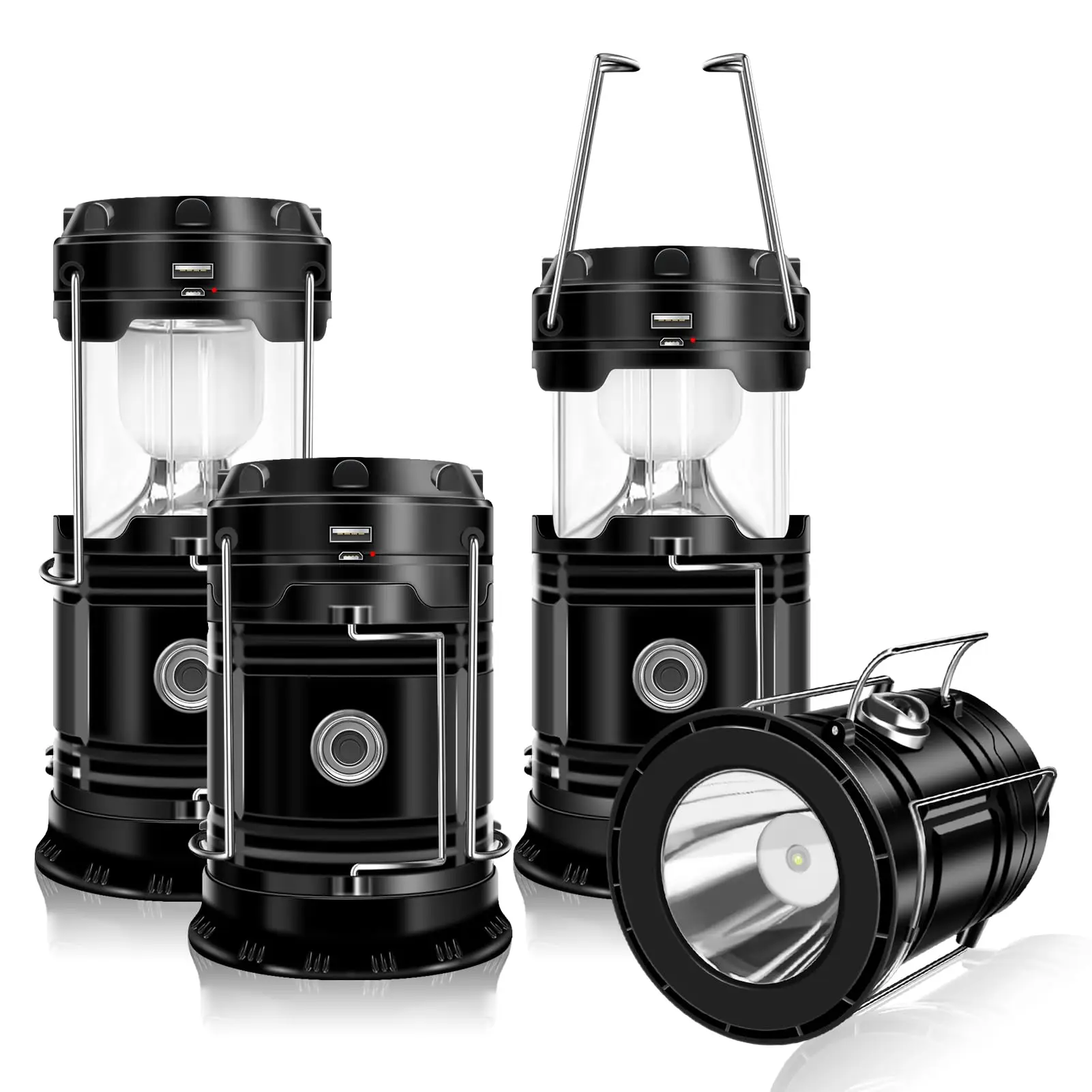 4-Pack Collapsible Portable LED Camping Lanterns with Built-In Flashlight - Lightweight Waterproof Outdoor Solar Lights, Solar USB Rechargeable - for Outdoor Hiking, Indoor Emergencies