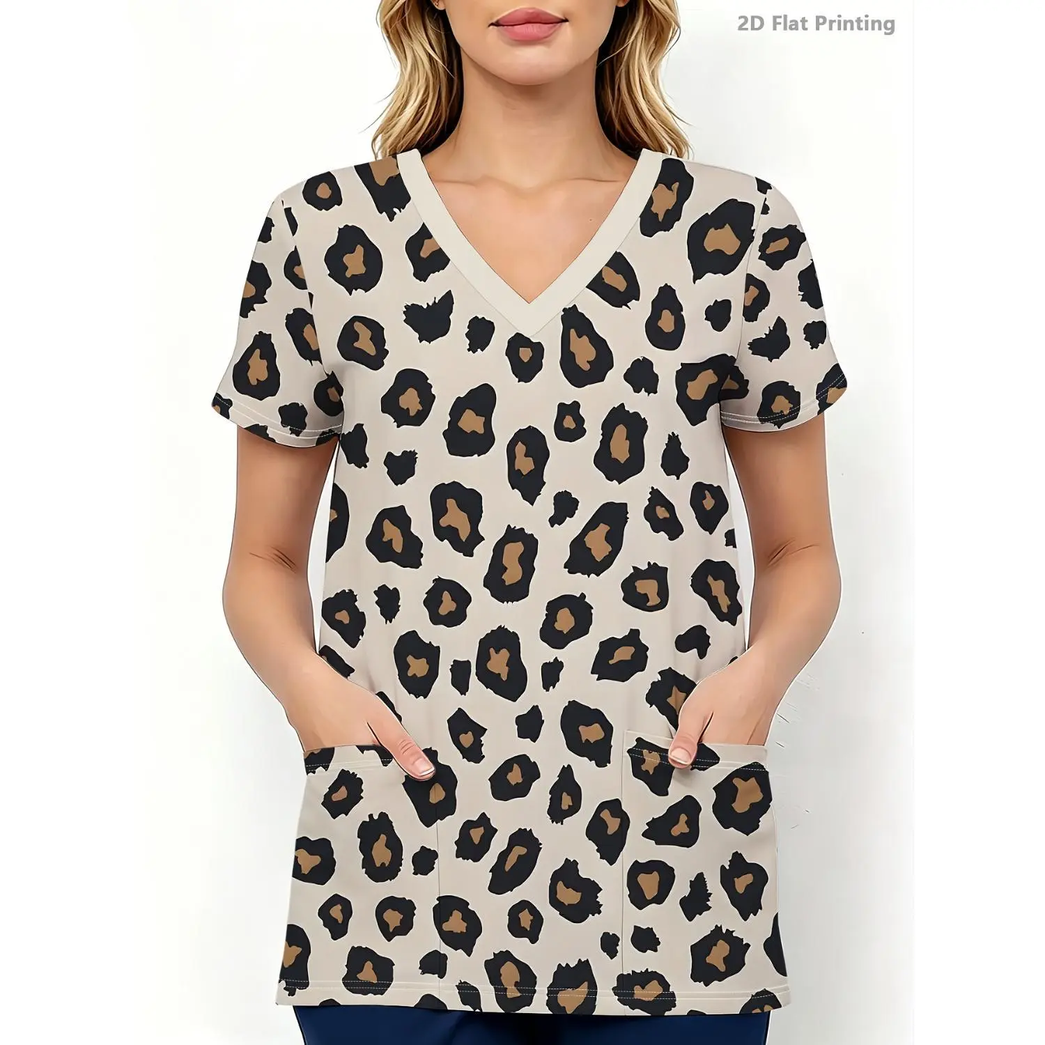 Women's Leopard Print V-Neck Short Sleeve Top with Pocket, Fashionable T-Shirt-Style Nursing Uniform, Breathable Polyester for Spring, Summer, and Autumn, Machine Washable Comfort for Healthcare