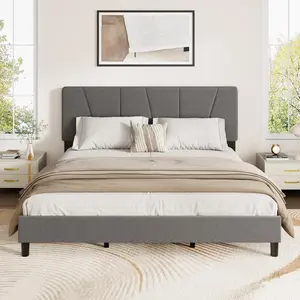 Garvee - King Size Bed Frame with Adjustable Headboard, Upholstered Linen Bed with Strong Wooden Slats, Mattress Base, No Box Spring Needed, Easy Assembly