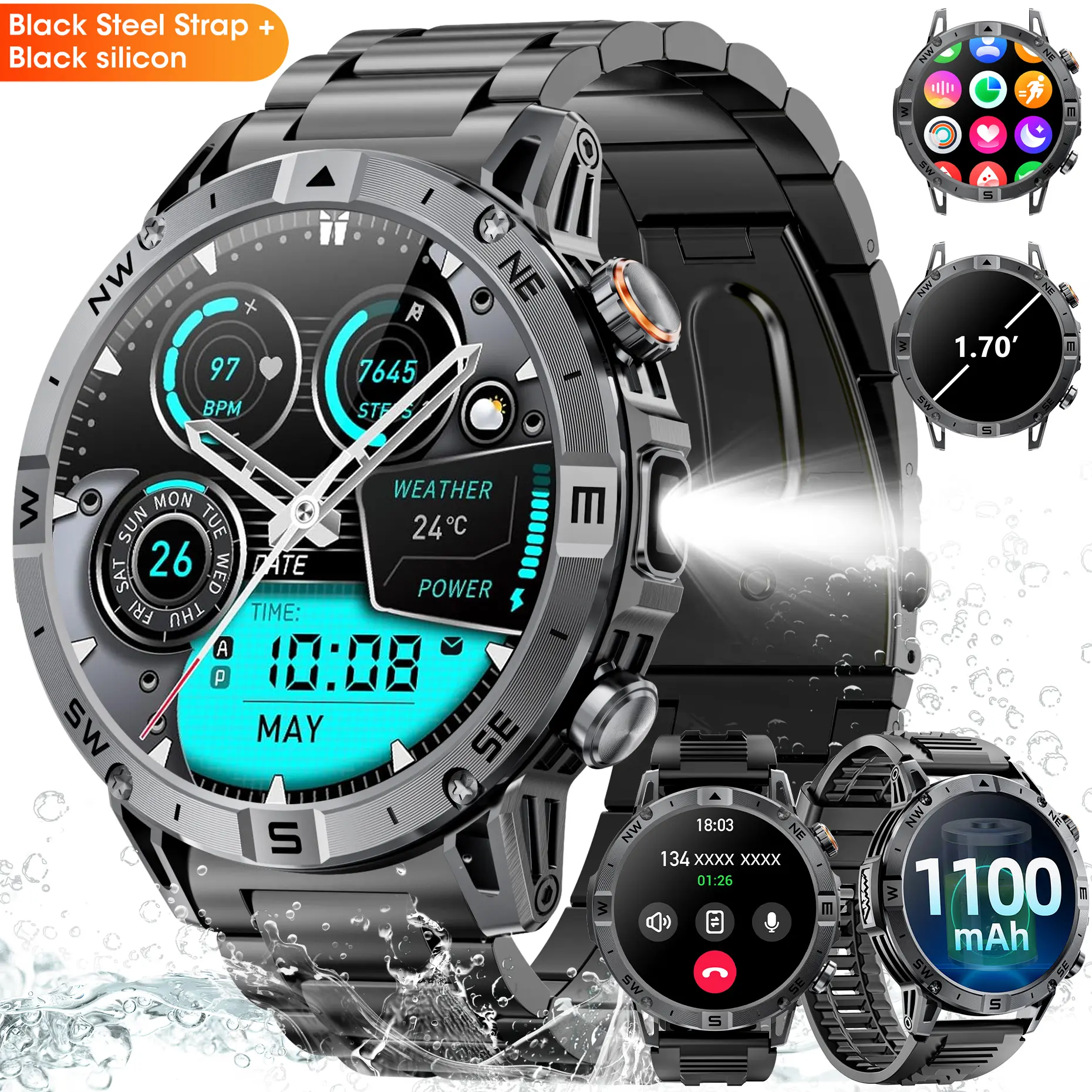Smart Watch for Men,1.7" Ultra Large HD AMOLED Display,   Make/Answer Call Military Smart Watches for Men Digital Mens Watches Running Waterproof Voice Assistant,Smartwatch Compatible for Android and iOS Wearable Smartphone