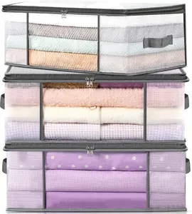 3-Pack Clothes Storage Bags, Plastic Foldable Blanket Storage bins, Closet Organizer Container for Bedroom, Bedding, Comforters, Pillows, and Clothing - 35L with Handles