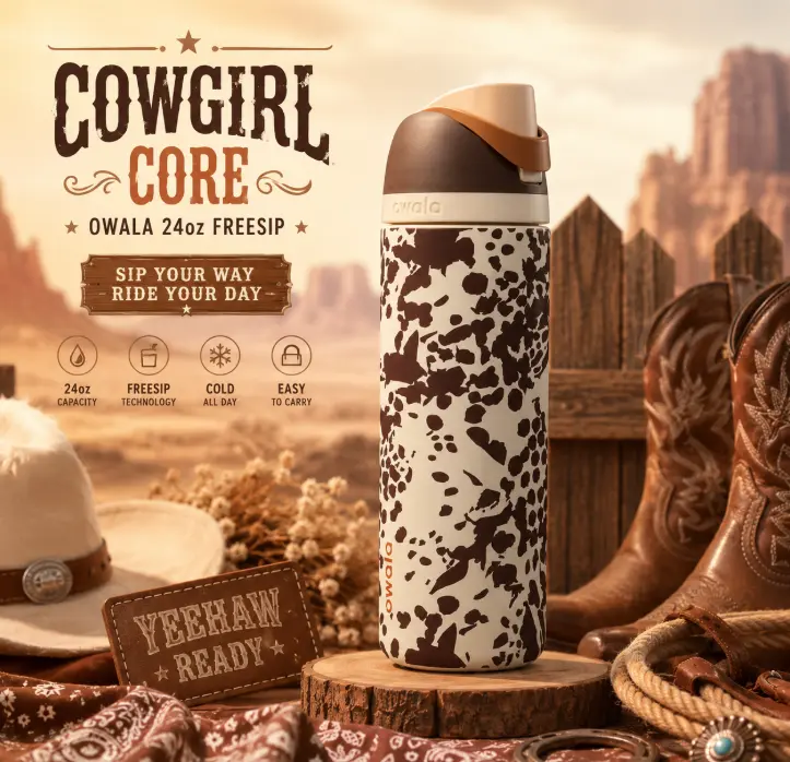 Owala Cowgirl Core FreeSip 32oz Water Bottle Leakproof Insulated Stainless Steel Cow Print Design Gift for Her