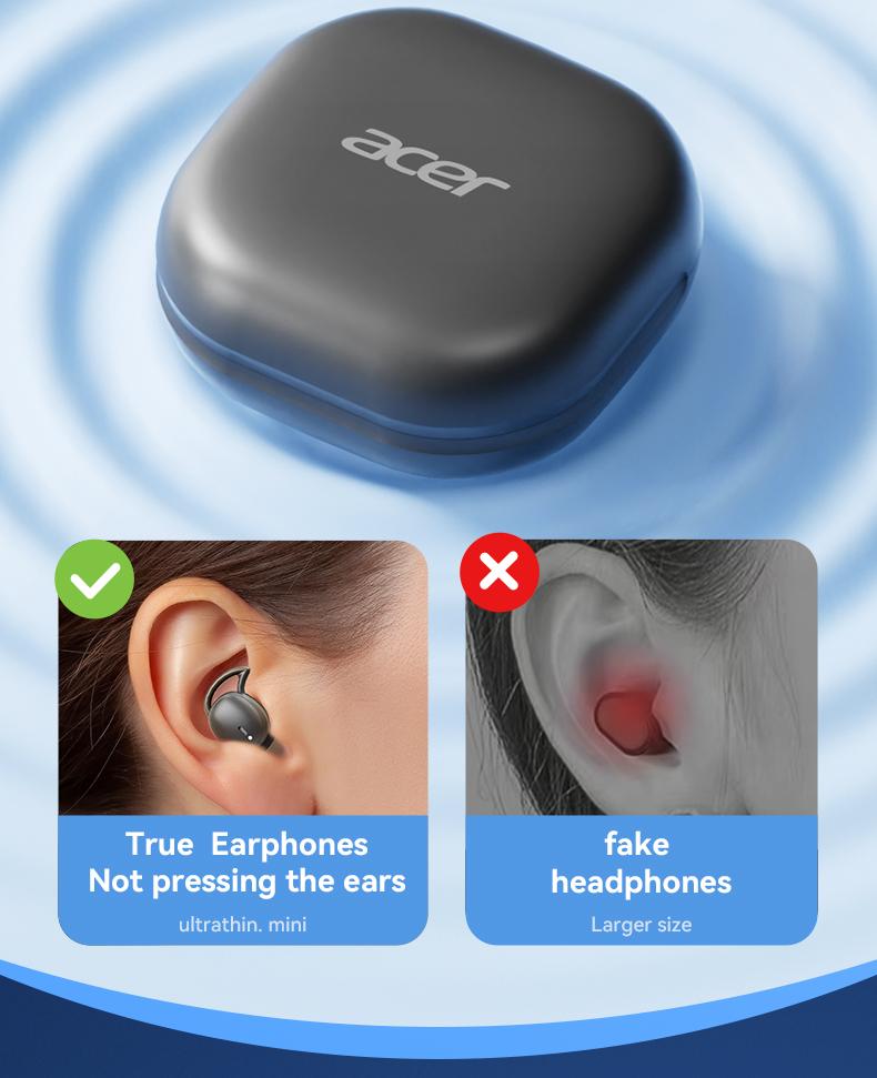 Acer OHR507 New Model Wireless Sleep-Friendly Wireless Earbuds - Comfortable Silicone In-Ear, High-Quality Sound, Long Battery Life, USB-C Charging, Touch Control,Adult Earbud Headphones Audio Headset Electronic stereo sound headphone Soft Earpads Black