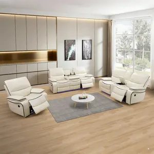 Modern Off-White Bonded Leather 3-Piece Intelligent Recliner Sofa Set
