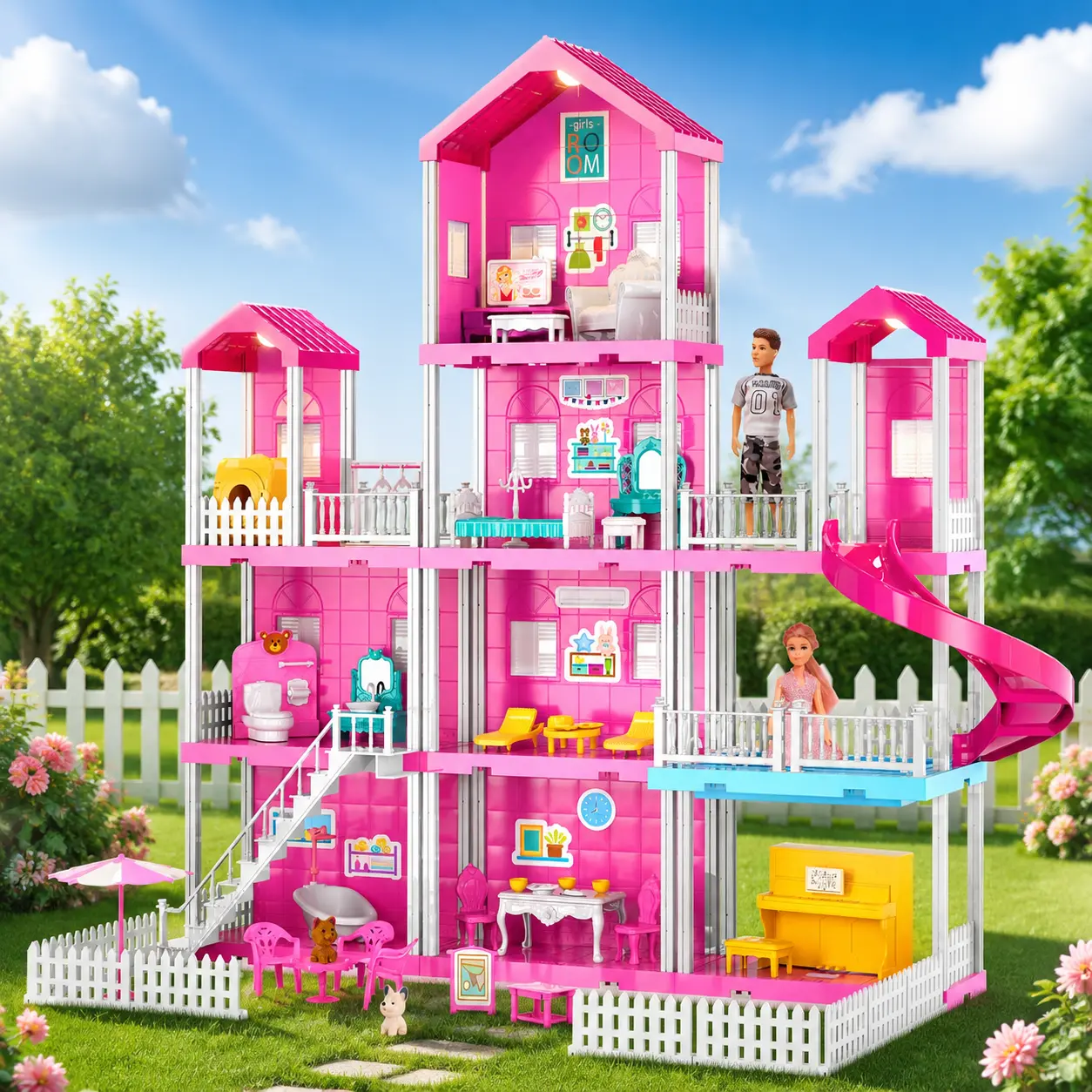 Unisex Dollhouse Playhouse - 4-Storeys 10-Room Villa Miniature Set with 2 Flexible Joint Dolls, 31 Furniture Pieces, Detailed Accessories, Easy Assembly Pretend Play Gift Kit for Ages 4+