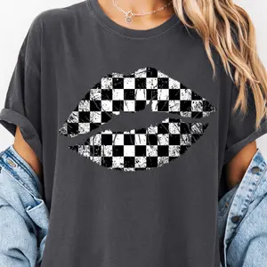 Distress Checker Lips Comfort Color Shirt, Women Trendy Graphic Shirts,Women Oversized tops