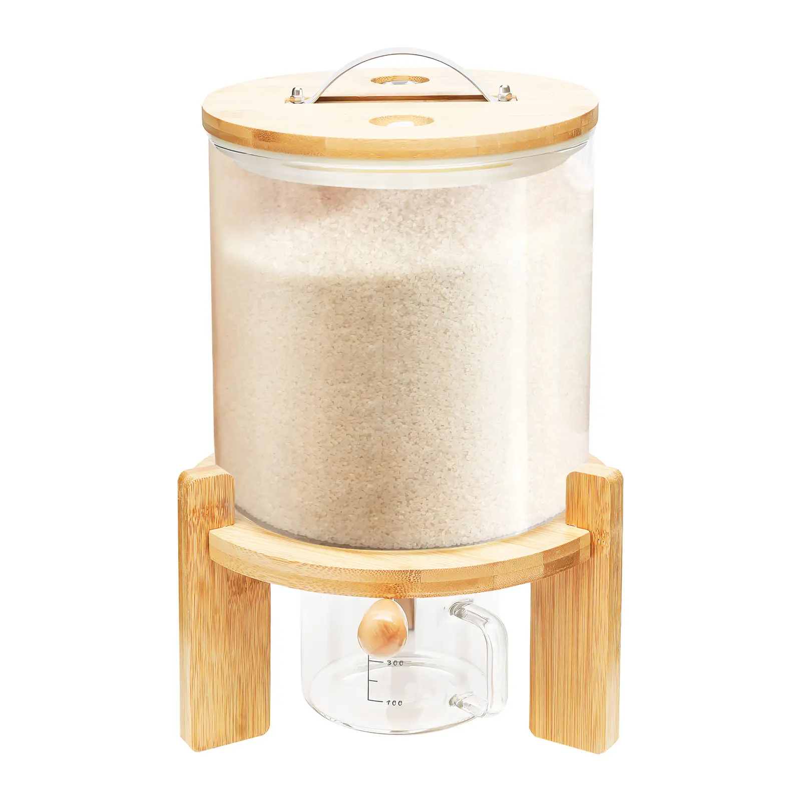 Airtight Glass Rice Dispenser with Bamboo Stand, Silicone Seals & Manual Switch - 5L Round Kitchen Pantry Organizer, Glass Food Storage Container, Ideal Gift for Housewarming, Enables Organized Setup & Tidy Life Clear Stainless