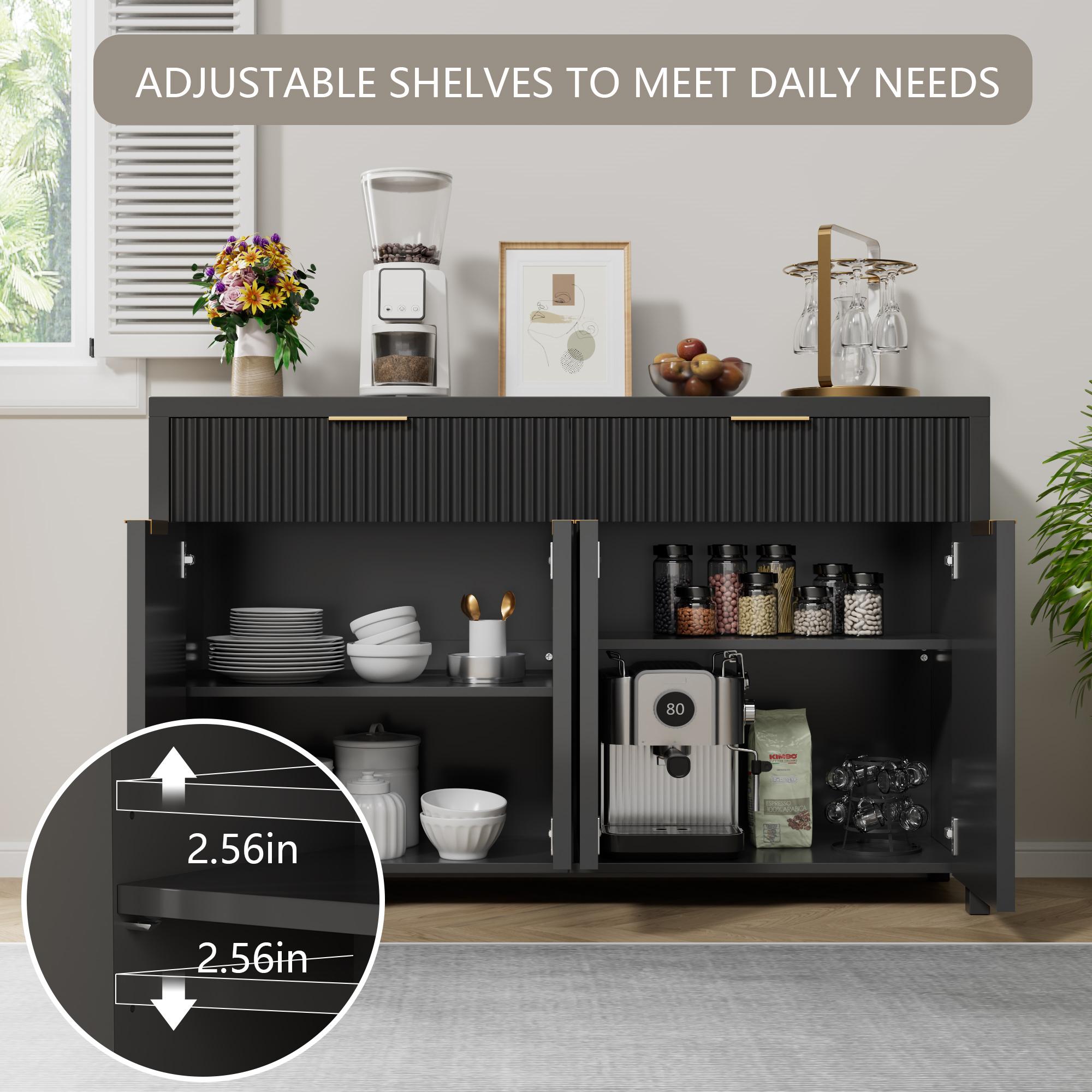 Aowos Modern Fluted Sideboard, Sideboard Cabinet, Wooden Dresser for Bedroom with 2 Wide Drawers, Entryway Table, 55" Buffet Cabinet with 2 Adjustable Shelves, Storage Cabinet for Dining Room, Entryway, Kitchen