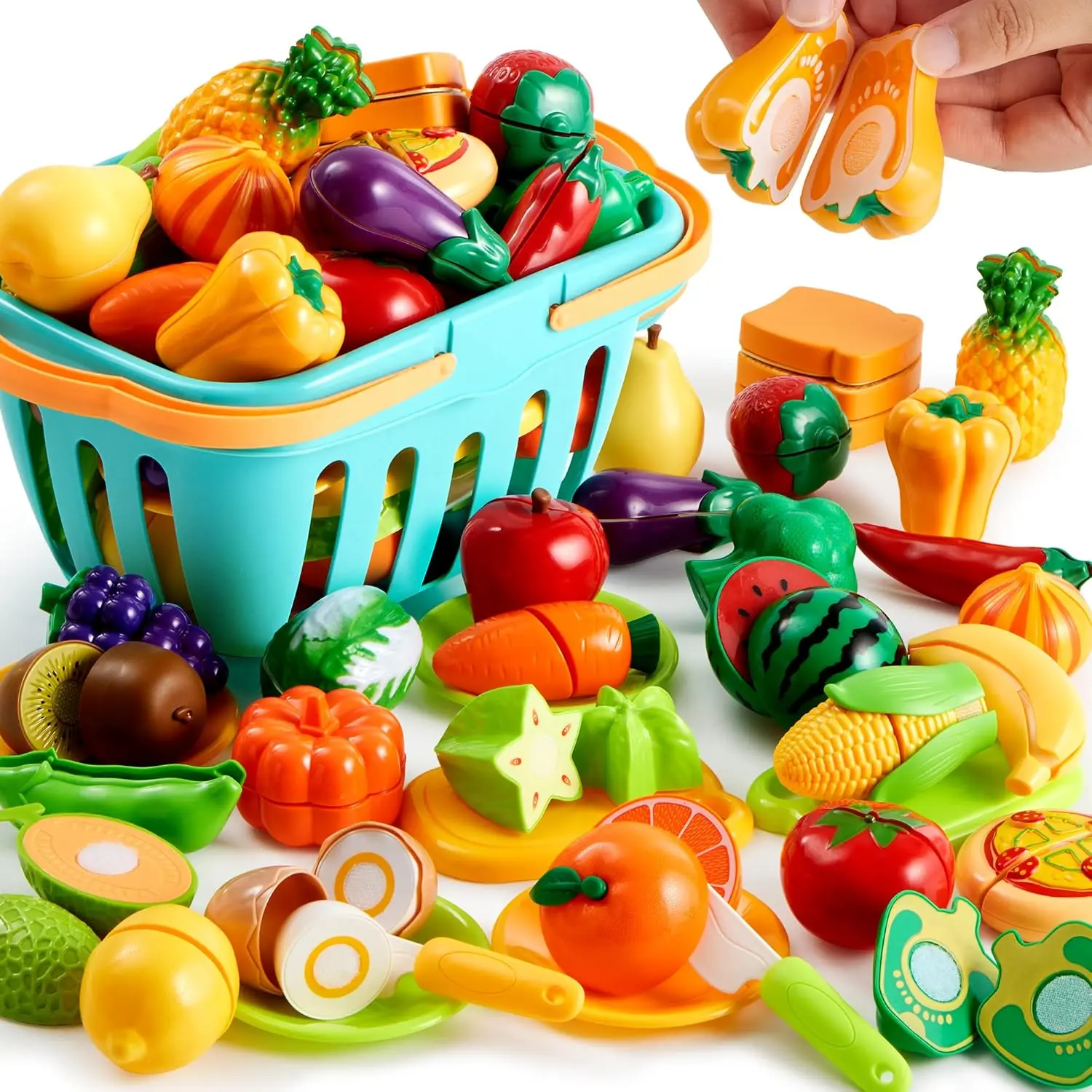 JOYIN 71 Pcs Cutting Play Food Toy Set for Kids Kitchen, Plastic Fruit & Vegetables with Storage Basket, Mini Dishes & Knife, Educational Imaginative Play Toys, Toddler Gift for Ages 2-5