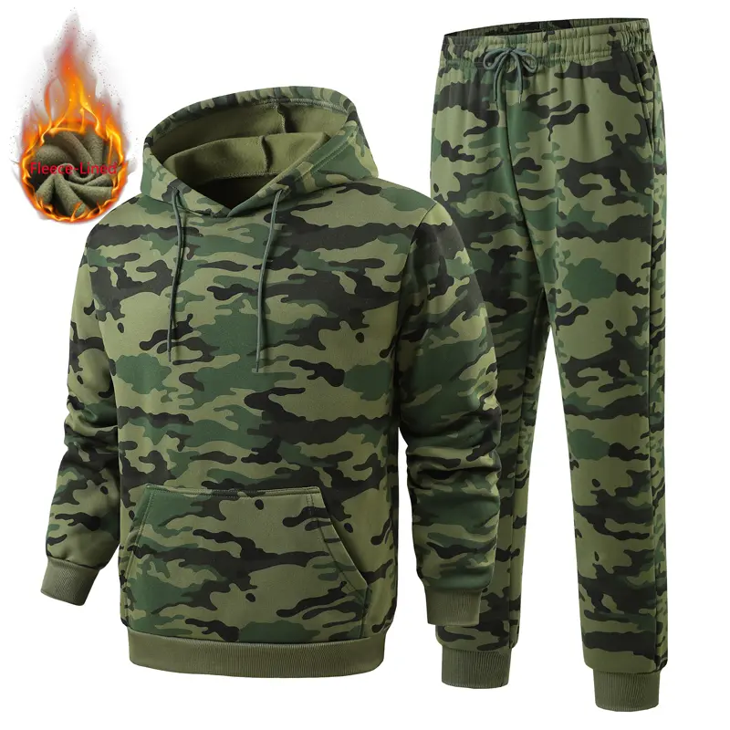Men’s Camouflage Fleece-Lined 2-Piece Athletic Tracksuit Set - Hooded Jacket, Thick Casual Pants, Tracksuit Sweat Suits for Outdoor Mountaineering, Menswear for Athletes, Sporty Men's Clothing Sets