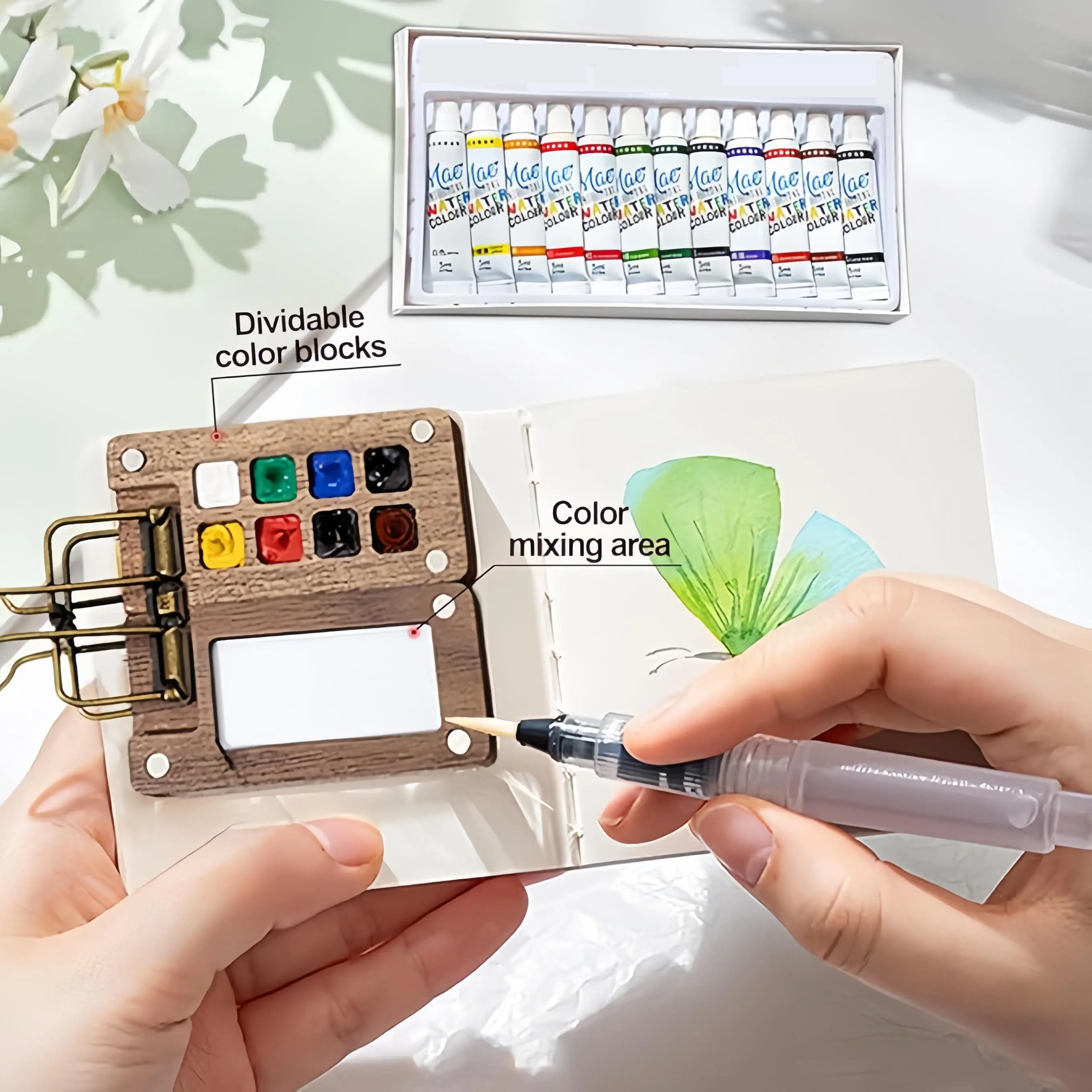 Mini Watercolor Kit, Mini Watercolor Set with Picture Book, Pocket Artist Water Color Travel Set with Colours, Wooden Paint Box for Painters Artists Students (8 Grids) Brush Pens Art Sketchbooks Art Supplies
