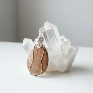 Handmade Coral Fossil Stone Pendant | Wire Wrapped Crystal Necklace | Natural Fossil Jewelry | Earthy Boho Gift