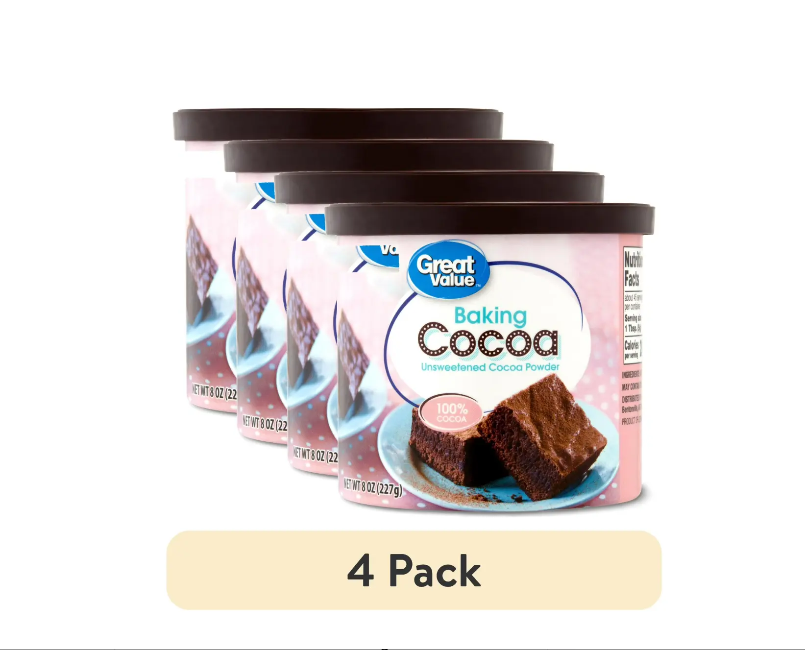 Great Value Unsweetened Baking Cocoa Powder, 4-Pack of 8 oz Tubs Organic Allergen-Free Black Cocoa Powder