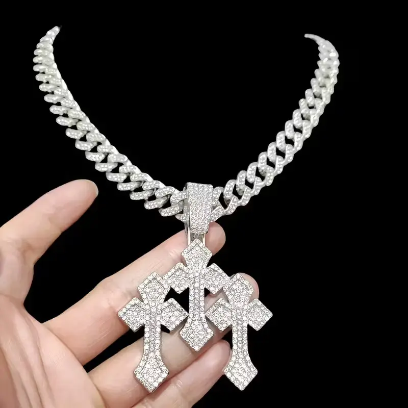 MaxBling81 Men's Large CZ Triple Cross Pendant with 20" Iced Cuban Chain - 13mm Metal-Plated, Gold/Silver Tone Hip Hop Chains with Pendants, Daily Wear Fashion Costume Jewelry Necklace Accessory, Large Pendant