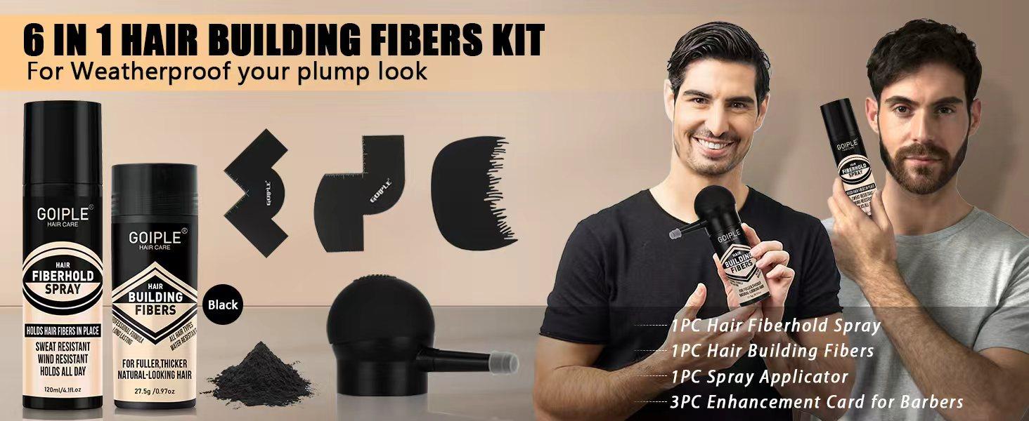 4-in-1 Hair & Beard Styling Set with Hair Fiber & Pump Dispenser & Application Card – Enhancements Barber Spray Volumizing Gentle Blend (Black)