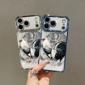 Cool rooster pattern electroplated four-corner airbag shockproof and anti-drop phone case. Suitable for iPhone 17 Pro Max, 16/15/14/13/12/11 Pro Max, and Samsung S25, S24, S23 (airbag shockproof transparent protective case).