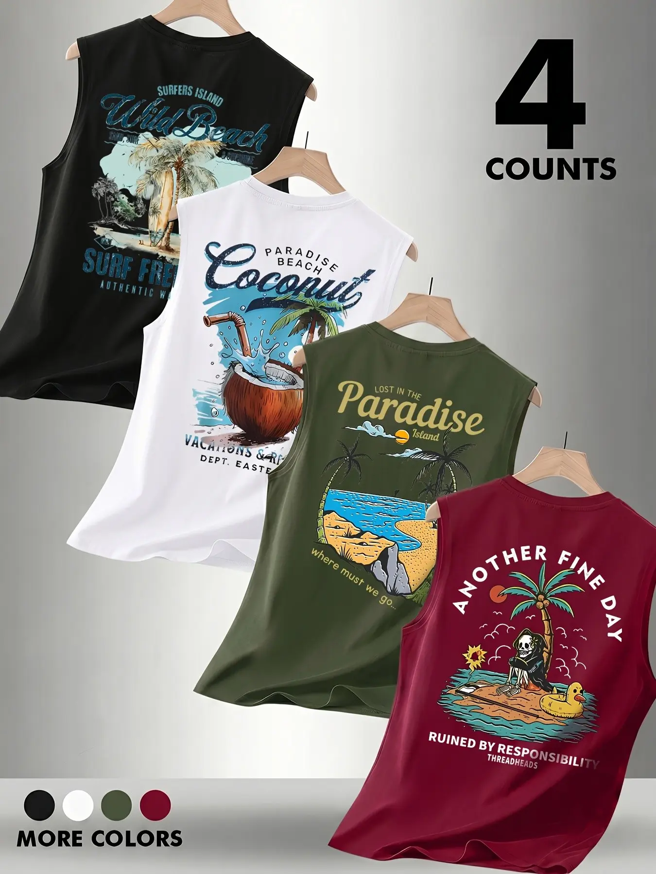 4 Pack Men's Graphic Tank Tops Retro Vintage Tropical Beach Palm Tree Coconut Print Sleeveless T-Shirts Summer Casual Active Tank Top Oversized Breathable Blend Tank Tops for Men Surf Streetwear Vacation Fitness Workout Gym Tops