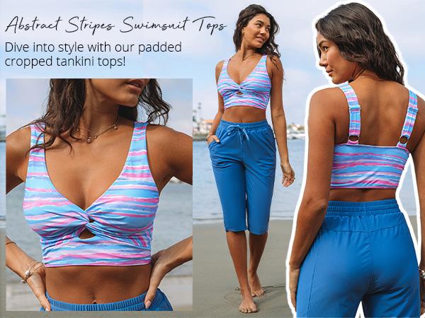GRAPENT Floral Printed Bikini Tops for Women Cropped Tankini Padded Knot Twist Cut Out Beach Swim Top Only Summer Swimsuits