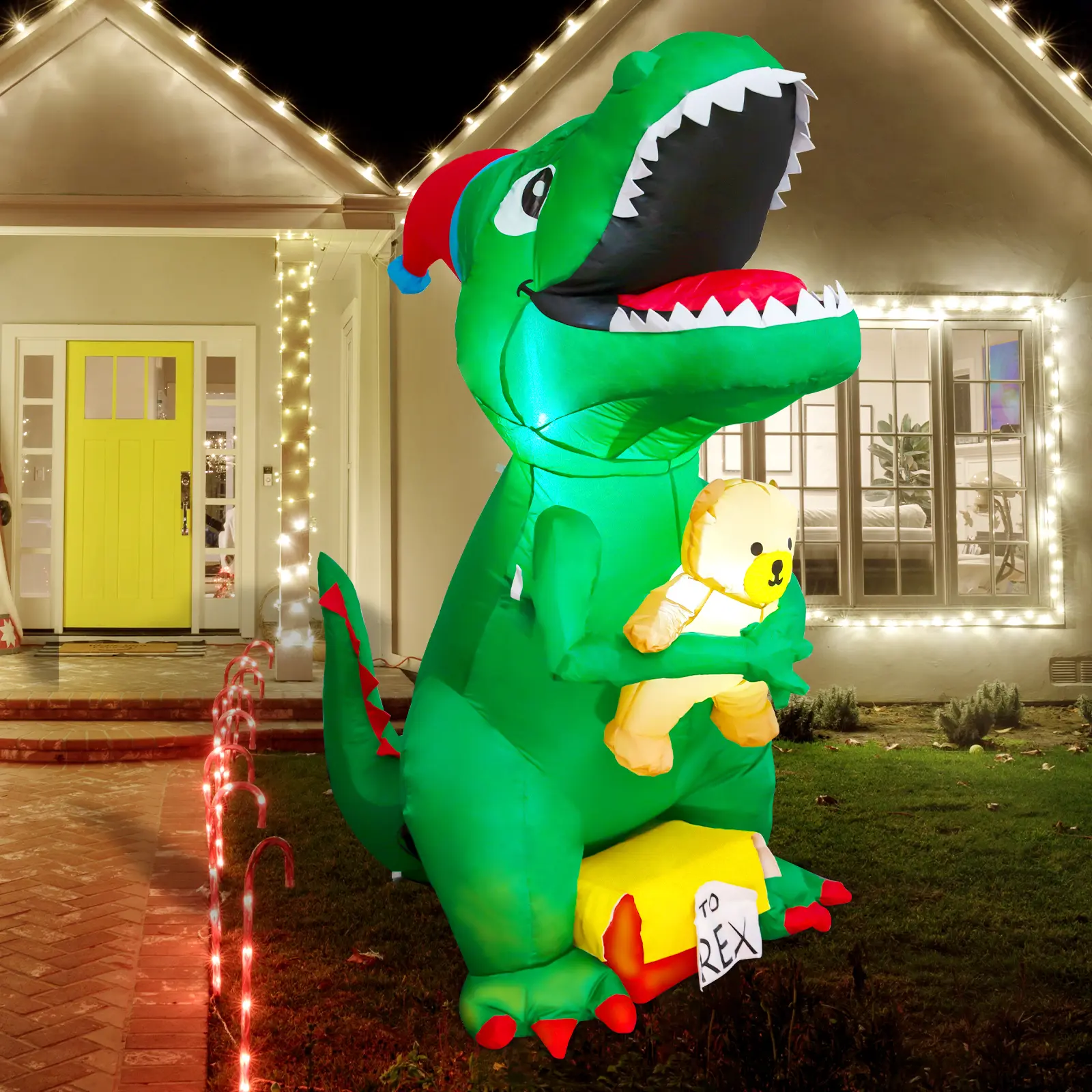 GOOSH 6.5 FT Cute Xmas Dino Christmas Inflatable Outdoor Yard Decor, Waterproof Rain-Ready Blow-Up T Rex with Xmas Hat, Fast Inflation & LED Glow for Festive Mood, Water Proof