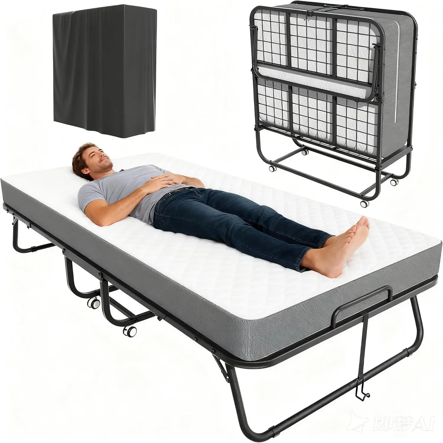 INTERGEAT Folding Bed with Mattress, Twin Foldable Bed, Roll Away Beds for Adults, 75" x 38" Roll Away Portable Beds with 5" Mattress, Folded Frame for Small Apartment, Guest Room