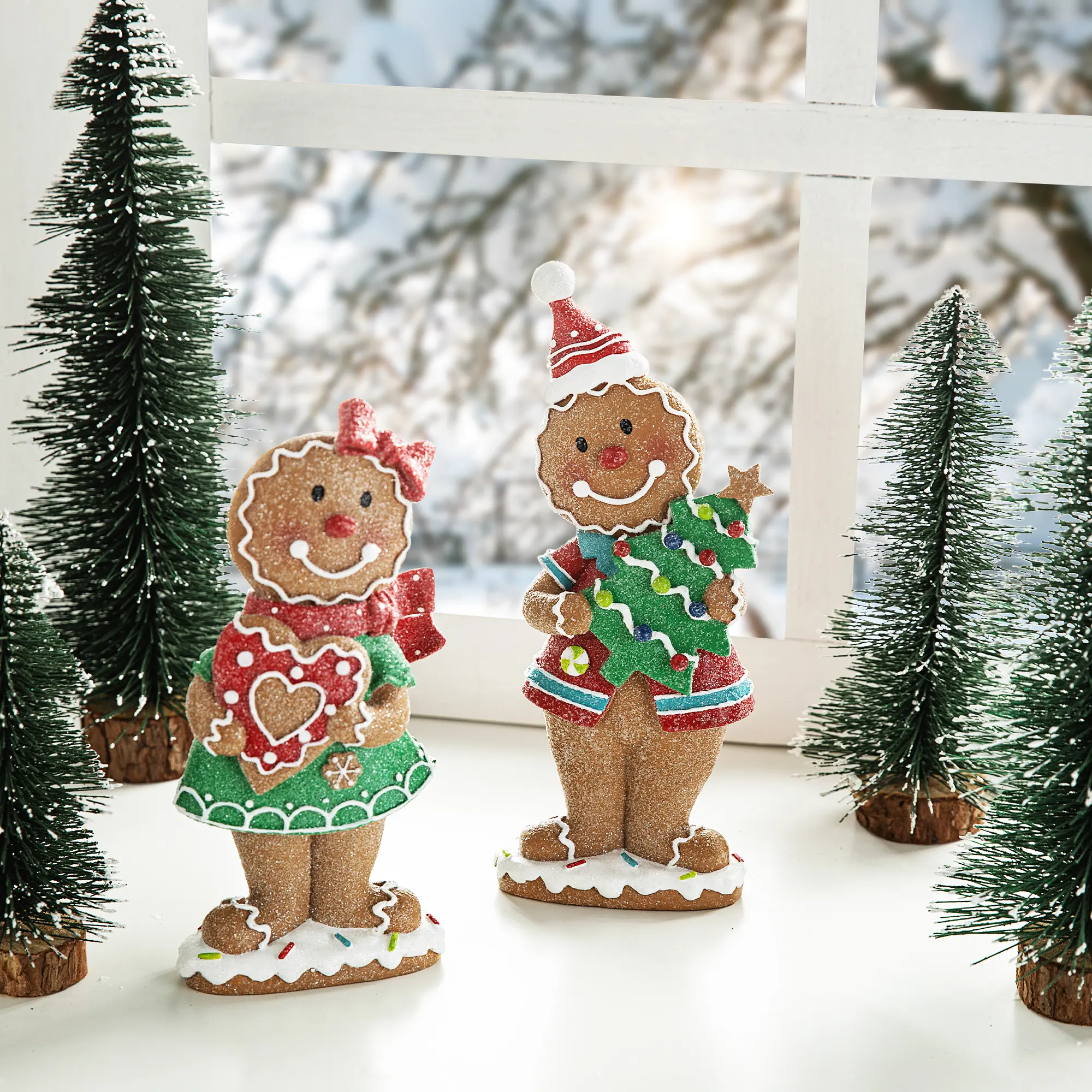 Glitzhome 9.75in H Irregular Resin Christmas Gingerbread Figurine Theme Set of 2, Classic Christmas Decor, Bright Light Characters for Home, Party Ornaments