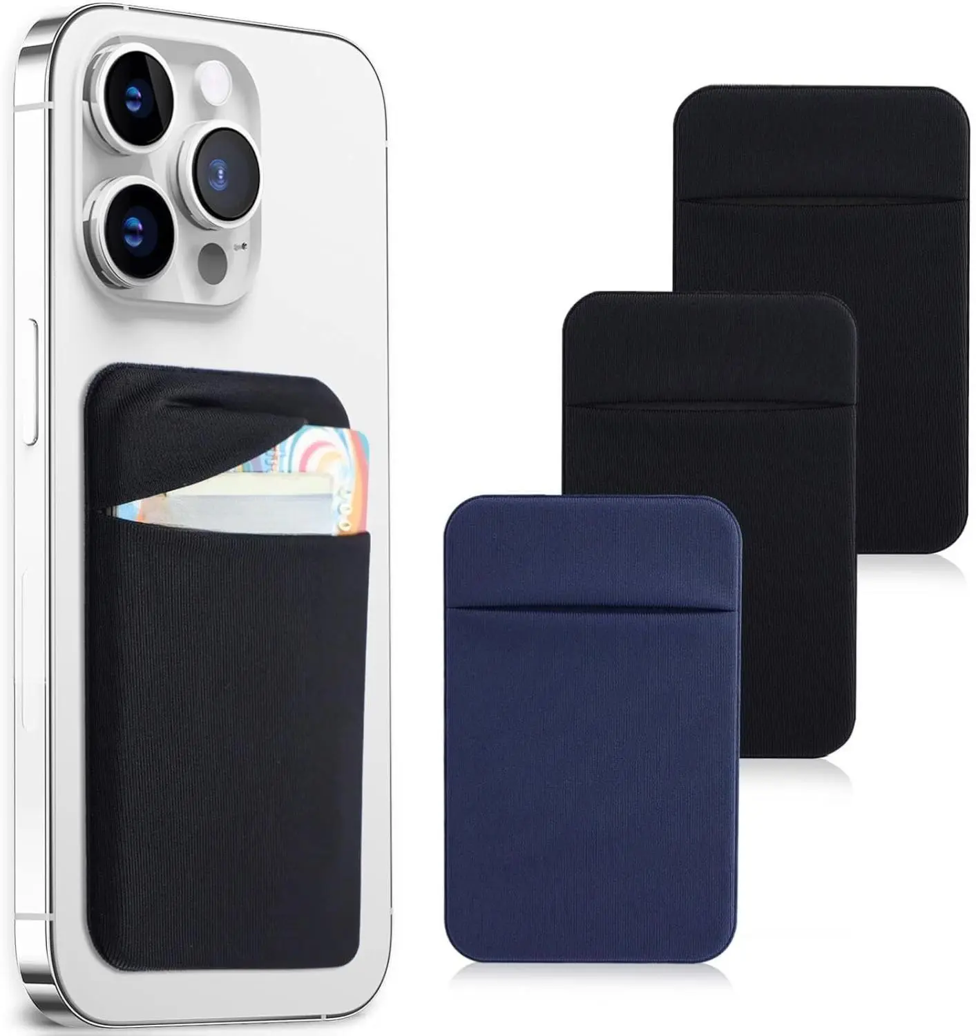 3-Pack Fashion Solid Color Stick-On Smartphone Card Holder Pocket - Spandex Stretch Fabric, Self-Adhesive, Secure Flap Closure, for Mobile Phone Backs, Fits iPhone, Samsung Galaxy A8/A6, Galaxy Note 9/8/5/4/3/2/1, Nexus 6/5/4 (2Black+1Navy Blue), Solid Co