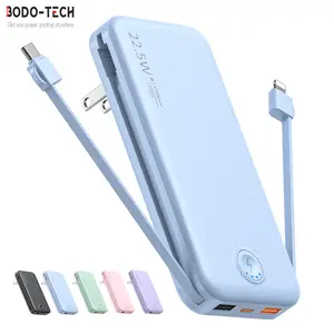Bodo-Tech 12000mAh Power Bank with AC Wall Plug Portable Charger with Built-in Cables Lightning USB-C Fast Charging for iPhone Android Travel Party Essential Blue High Capacity Battery