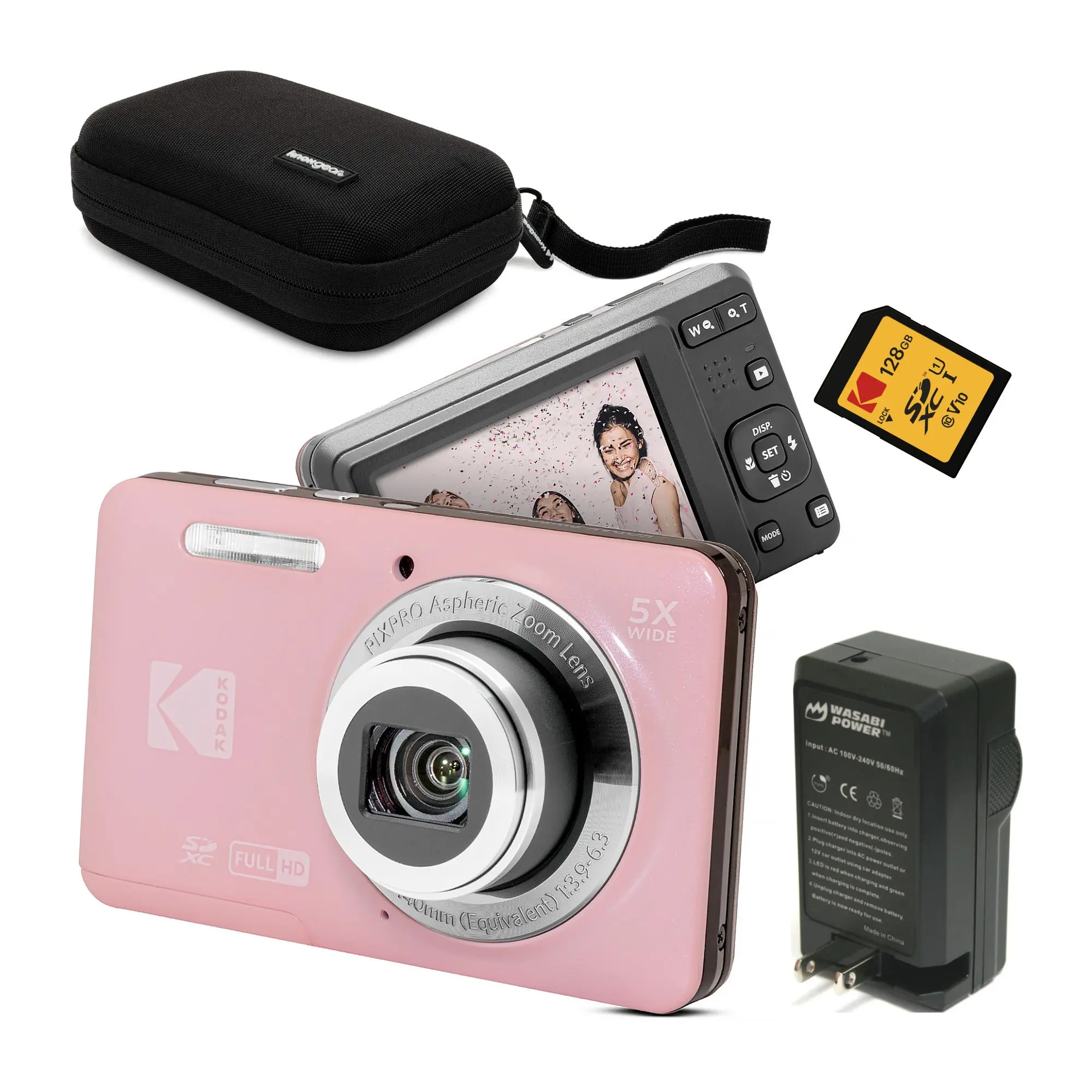 Kodak PixPro Friendly Zoom FZ55 16MP FHD Point & Shoot Digital Camera (Pastel Pink) Bundle with Rechargeable Batteries, Portable Lens, Memory Card