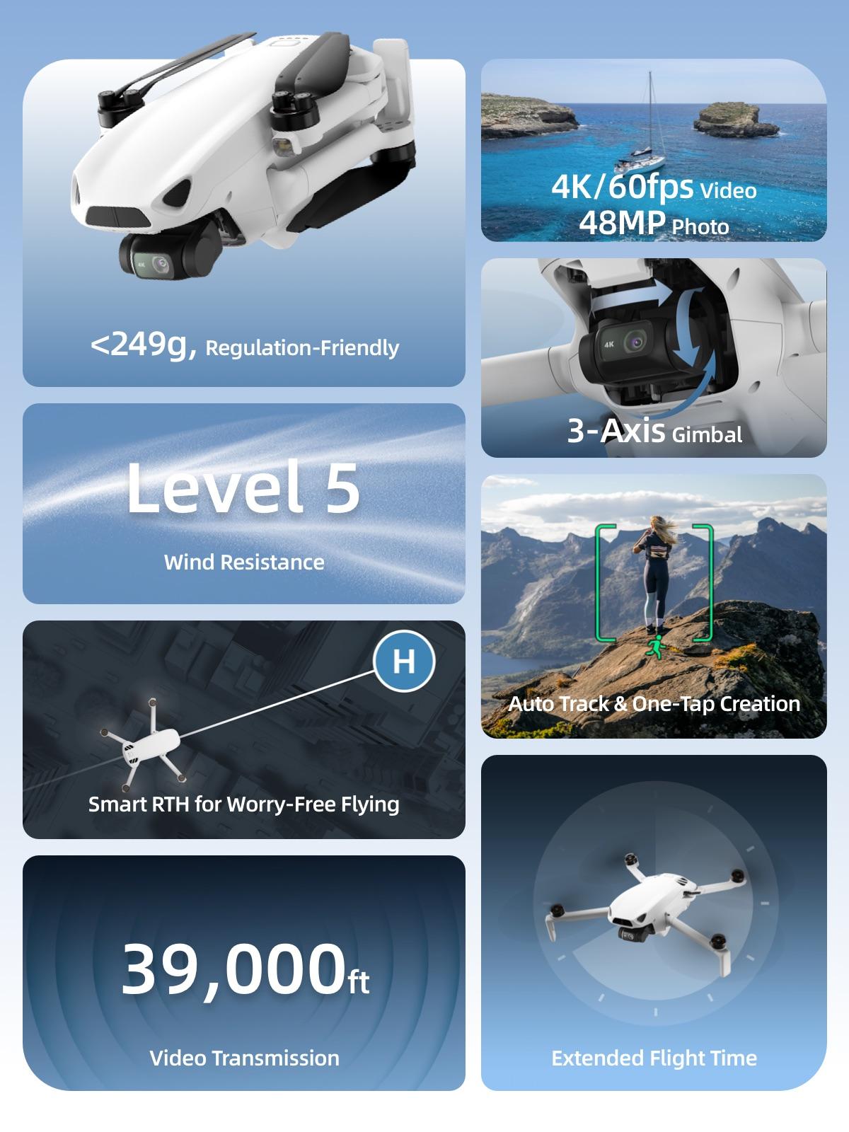 Skyrover S1 Mini Drone with Camera 4K/60fps Video, 3-Axis Gimbal Stabilization, 39,000ft Video Transmission, 120-Min Flight Time, Under 249g, Auto Tracking, Return to Home, S1-2