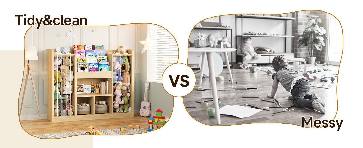 ONBRILL Two Wooden Stuffed Animal Storage, Toddler Toy Storage Organizer with 4-Tier Kids Bookshelf and 3 Open Cube Shlef, Multifunctional Bookcase for Kids Rooms Playroom Nursery